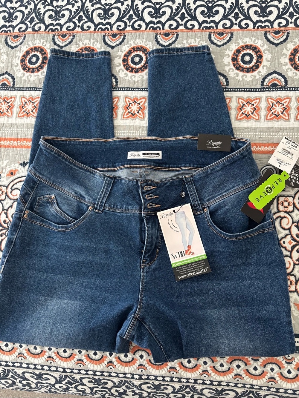 Royalty For Me Indigo Mid Rise Skinny Jeans with Four-Button Waist